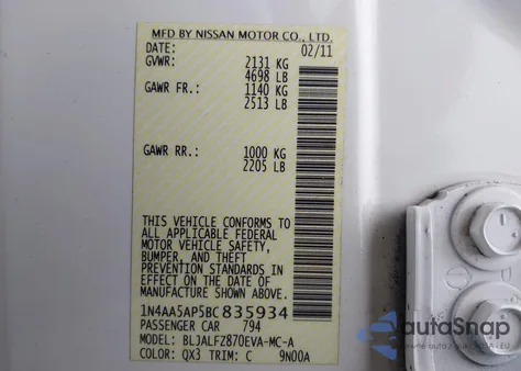 2011 Nissan Maxima 3.5 Sv from USA, damaged, VIN 1N4AA5AP5BC835934